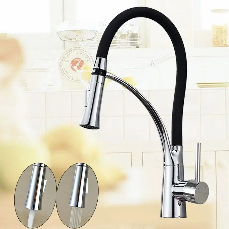 Chrome and black hose kitchen faucet with pull down sprayer