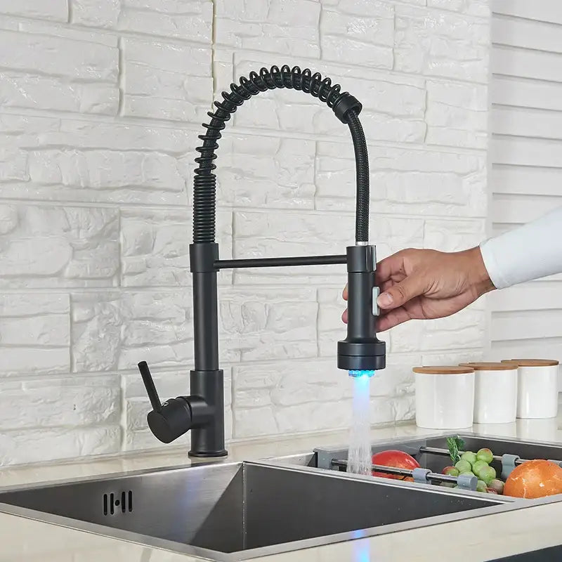 Modern matte black led kitchen faucet with pull down sprayer