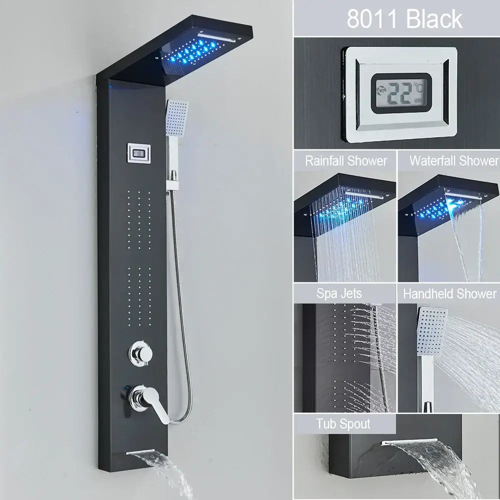 Modern black led waterfall rain shower panel with massage jets bathroom