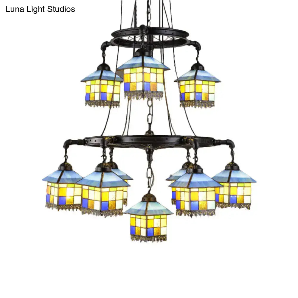 Vintage yellow & blue stained glass chandelier living room 110v-120v