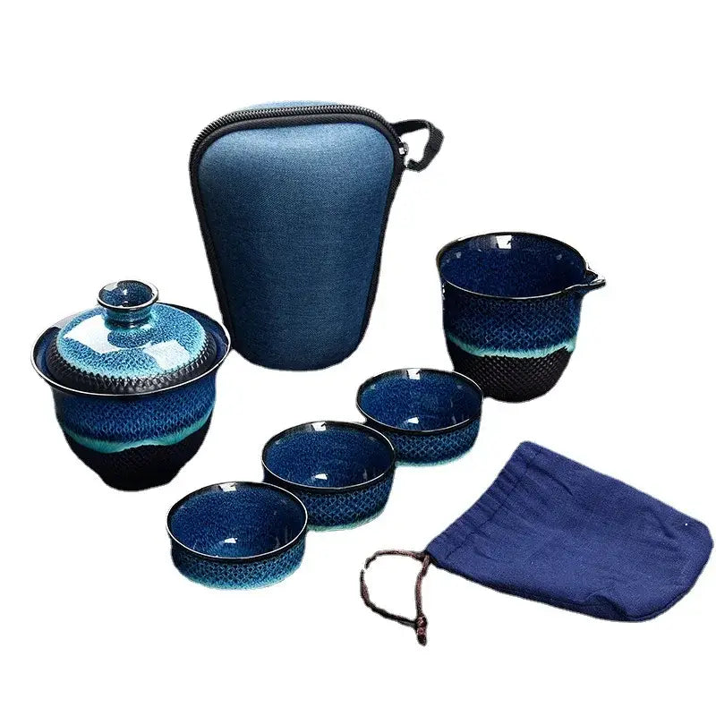 Blue and teal crackle glaze ceramic tea set dining room drinkware