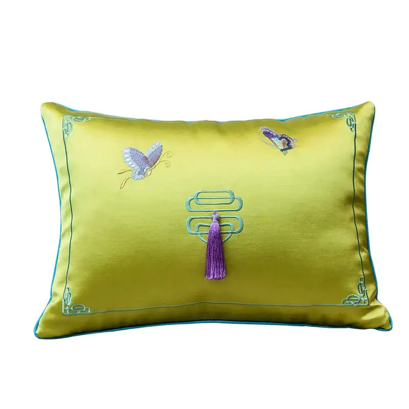 Yellow chinoiserie butterfly embroidered cushion cover living room