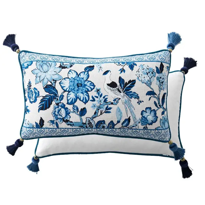 Chinoiserie blue & white floral lumbar pillow case bedroom tassels