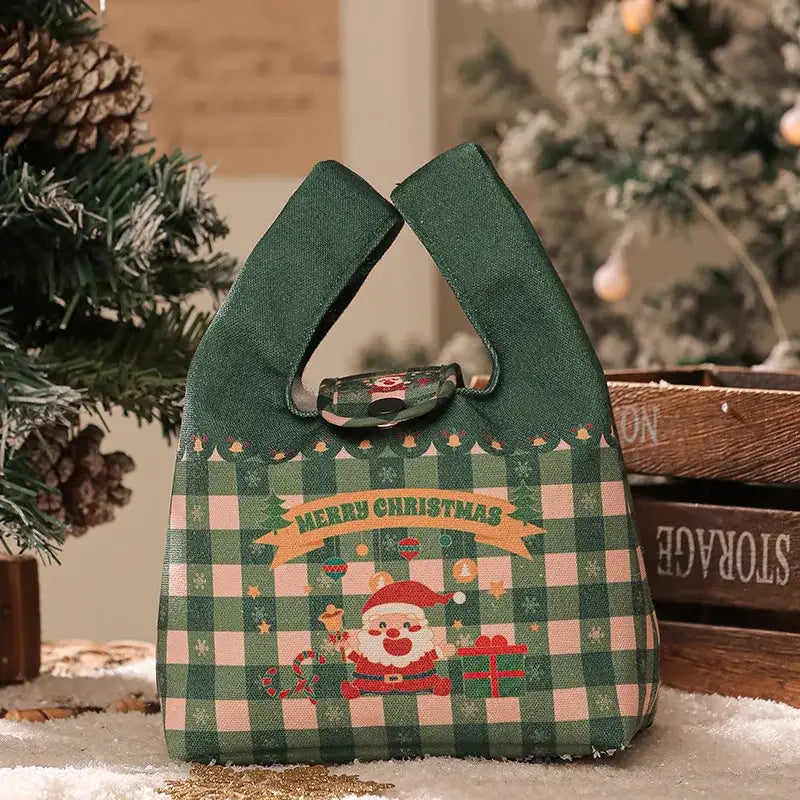 Green and red checkered santa gift bag dining room christmas apple