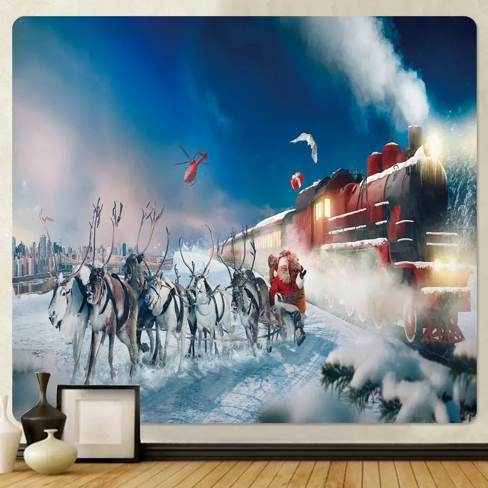 Festive santa sleigh christmas god deer tapestry bedroom wall decor