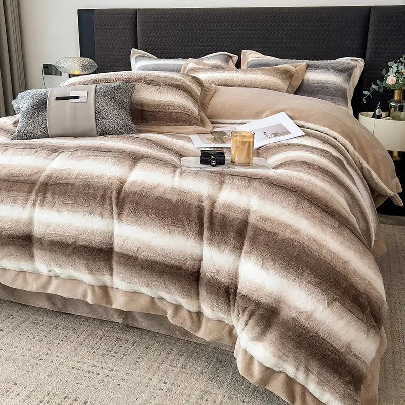 Decorbites cozy faux fur gray & white bedding set bedroom plush cover