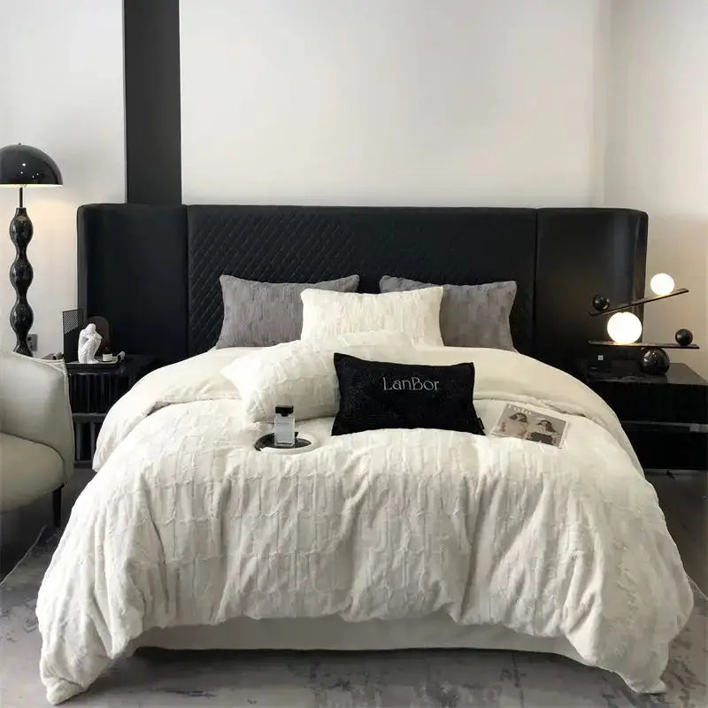 Decorbites cozy faux rabbit fur bedding set black & grey bedroom