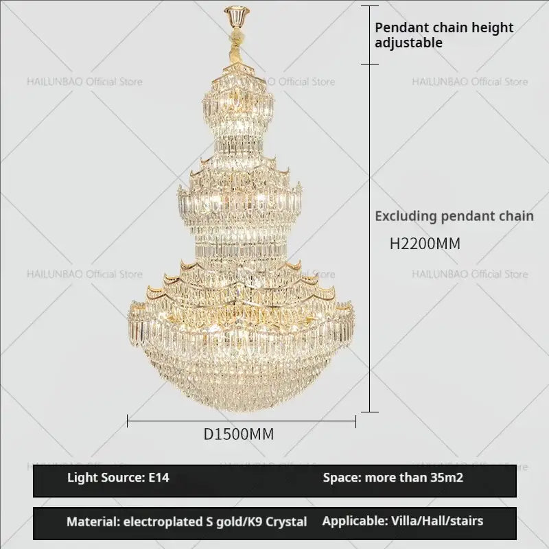 European gold multi tier crystal chandelier staircase light