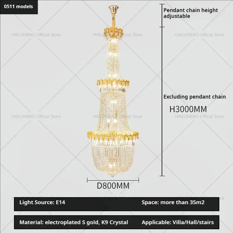 Luxury gold crystal chandelier for living room stairwell