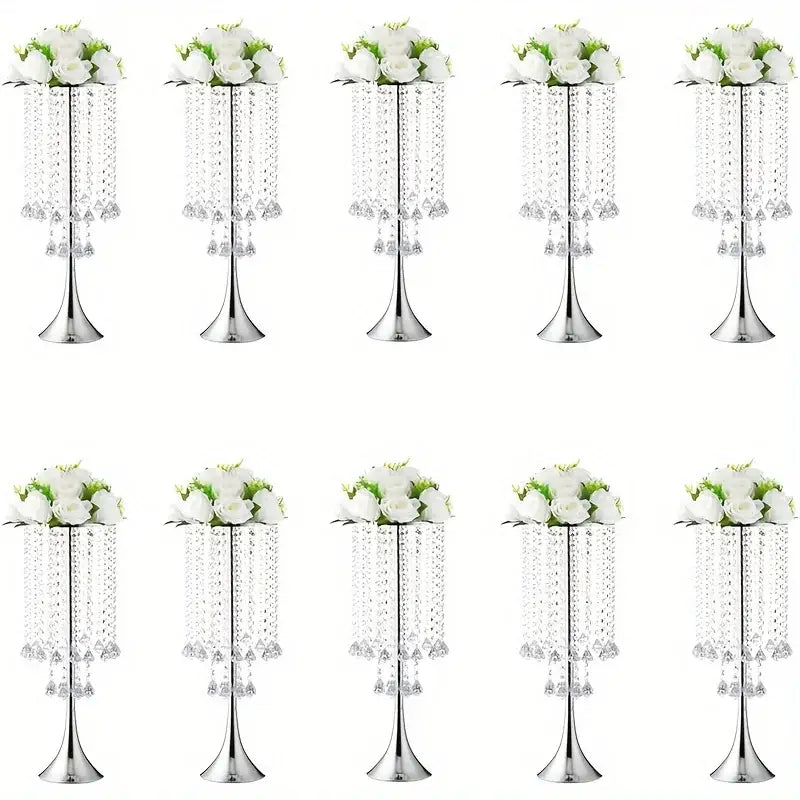 Elegant gold crystal flower stand set with red & white flowers dining room