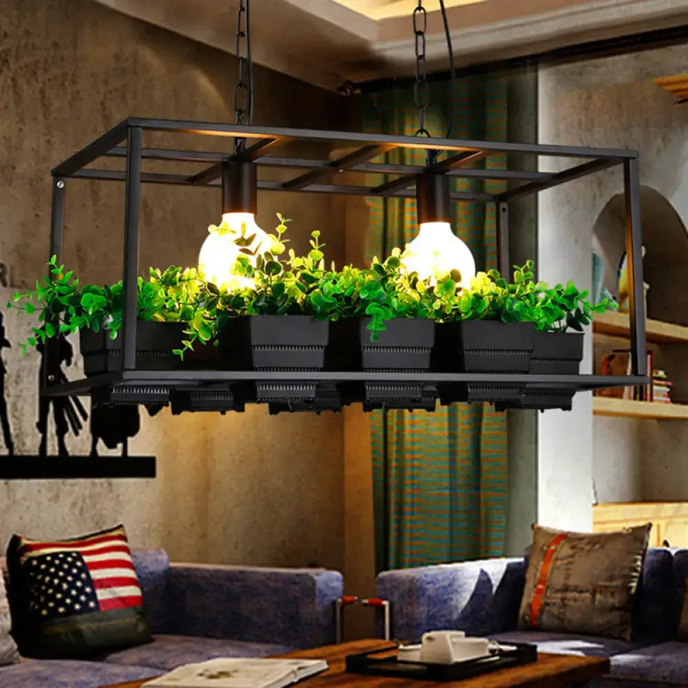 White rectangle island lamp with integrated plants for living room
