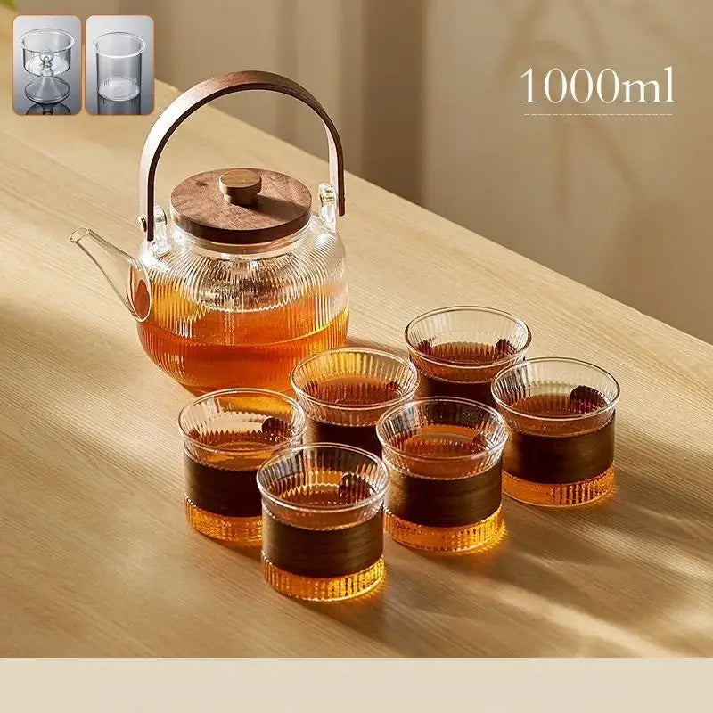 Modern glass teapot set with wood handle – kitchen glassware