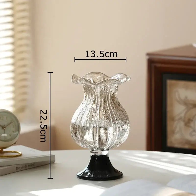 Textured clear glass vase with black base living room decor