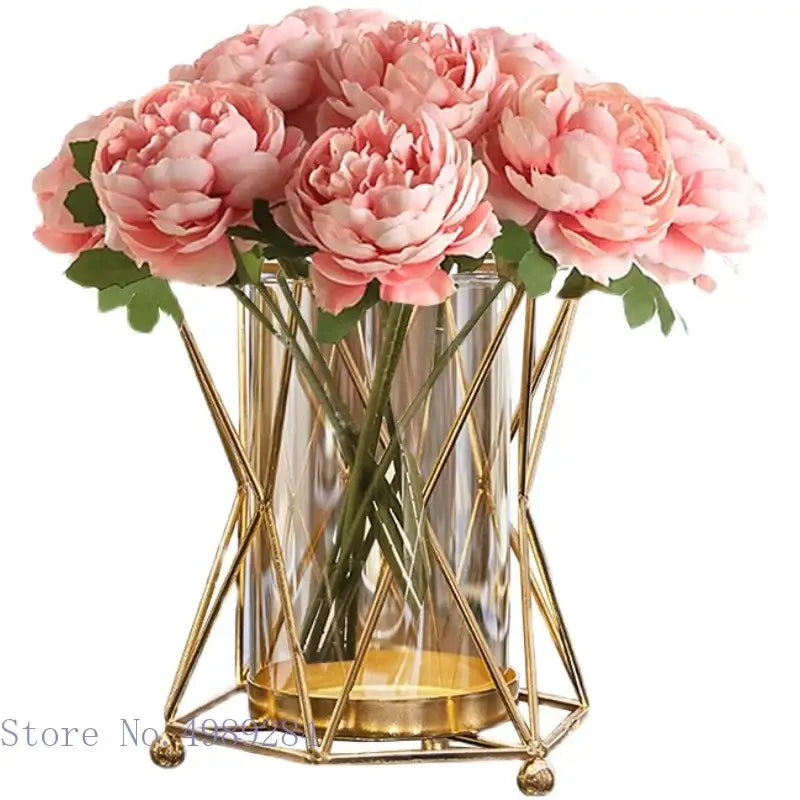 Geometric gold metal frame glass vase pink peony wedding decor living room