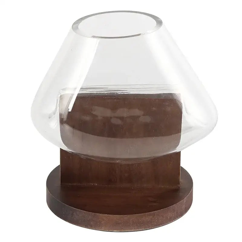 Minimalist clear glass vase with red berries and wood base living room
