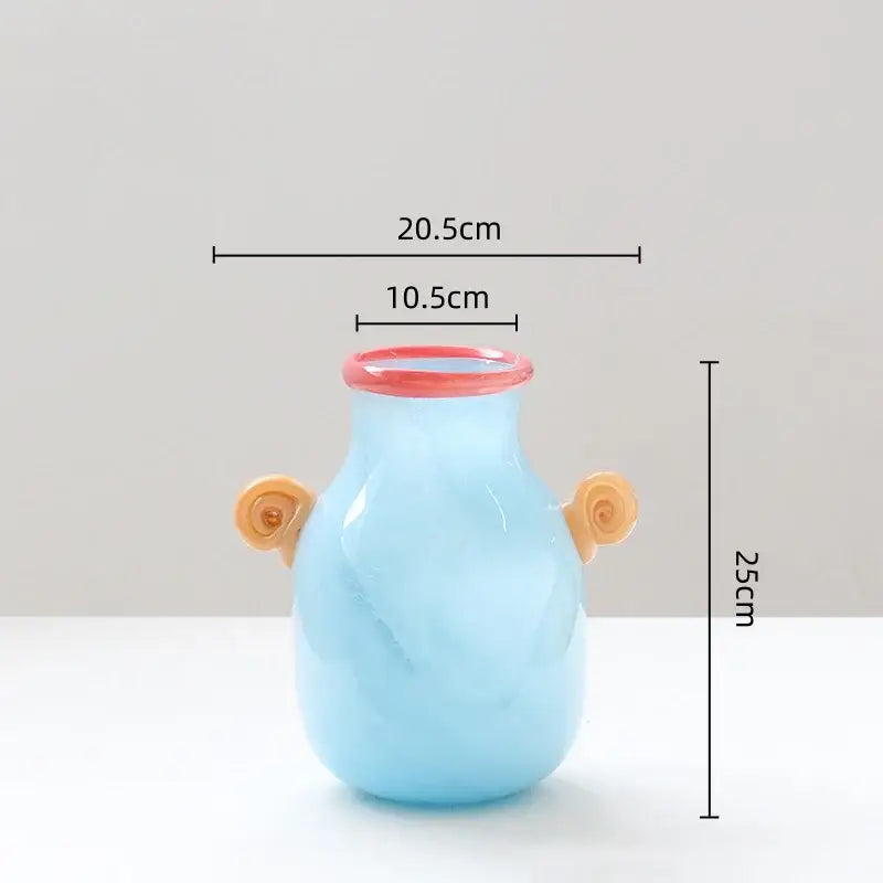 Whimsical colorful glass vase with spiral handle living room decor