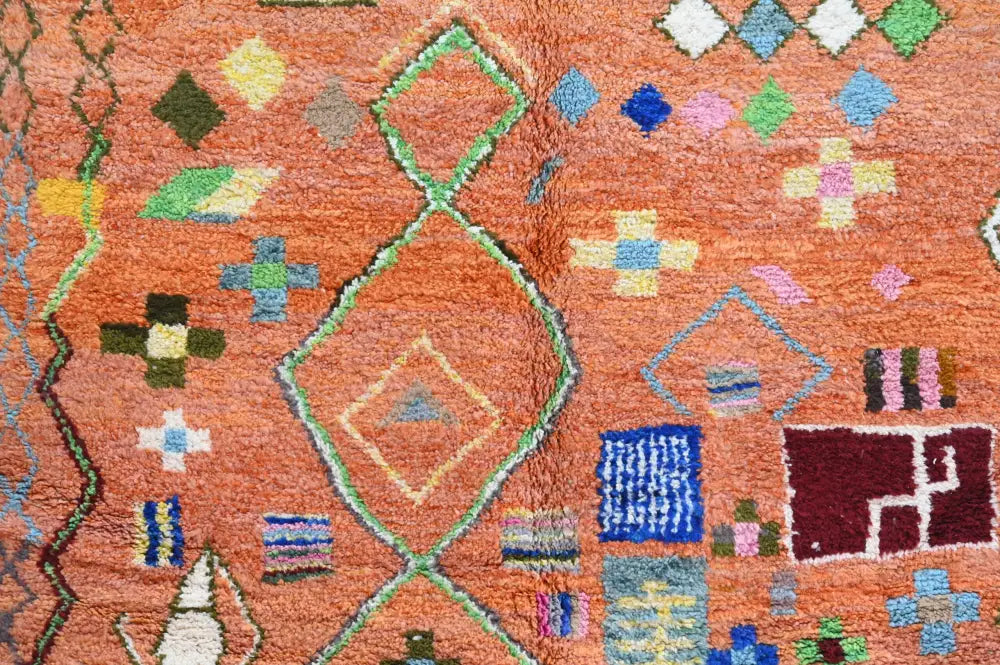 Handmade traditional azilal orange rug living room geometric carpet