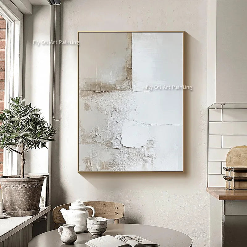 Abstract beige & white two canvas oil paintings living room decor