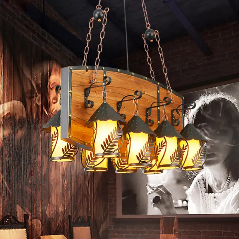Rustic wood and black lantern island pendant light for dining room