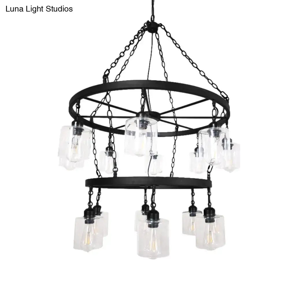 Industrial 2 tier wheel black chandelier dining room clear glass light