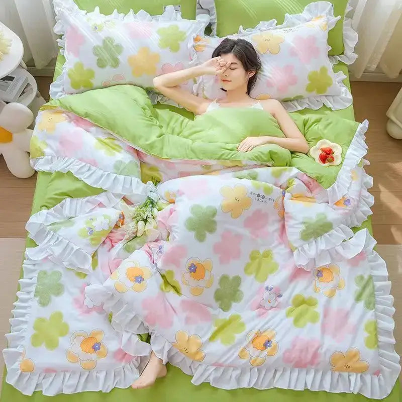Pink & white princess ruffles quilt bedding set – bedroom summer quilt