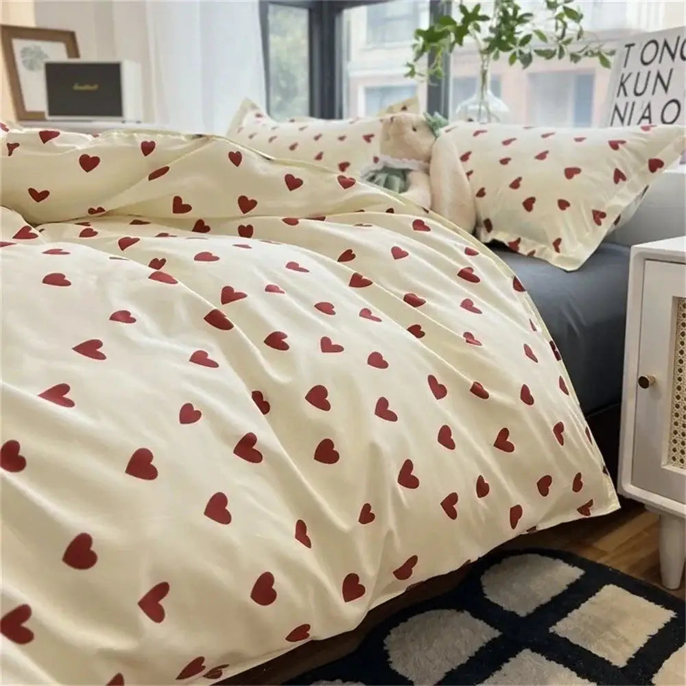 Korean style cream and red heart duvet cover bedroom bedding set