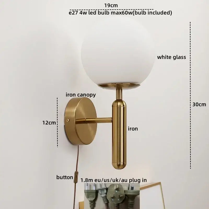 Gold led glass iron wall light with pull chain for bedroom