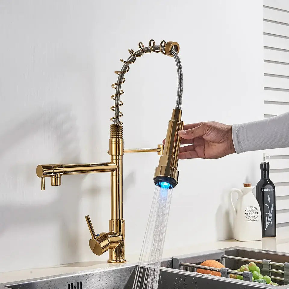 Matte black led kitchen faucet pull down mixer tap with coiled hose