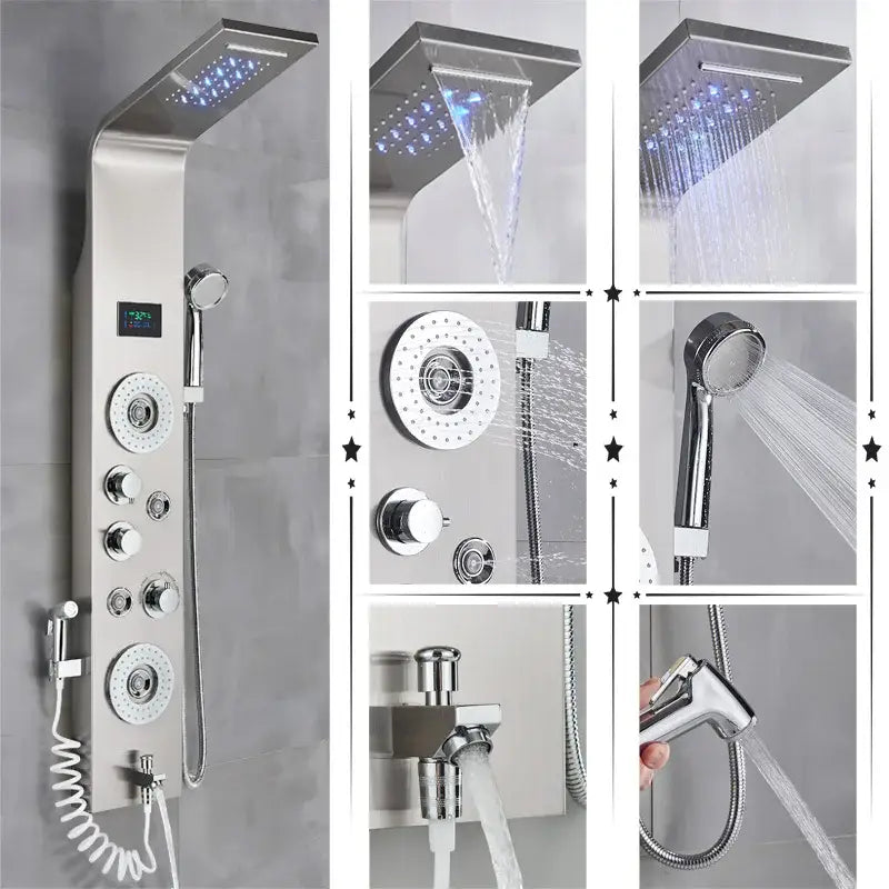 Modern black rainfall shower panel with led temperature screen bathroom