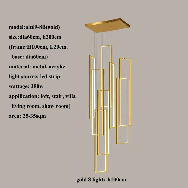 Modern gold led rectangle staircase chandelier living room light