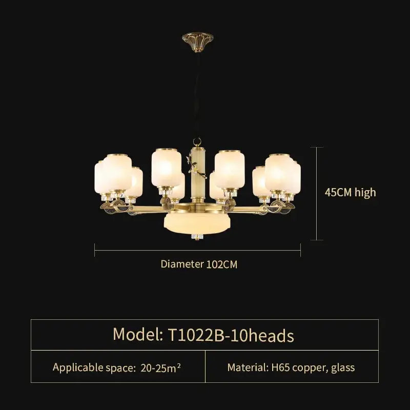 Luxe jade brass chandelier with frosted glass for living room