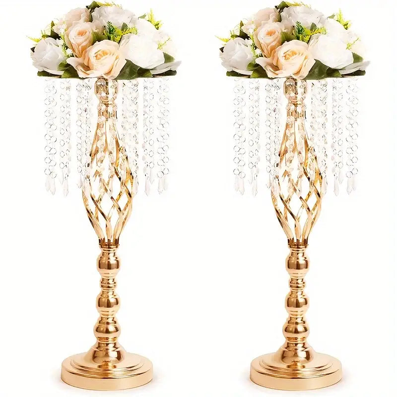 Gold lattice metal flower vases with crystals dining room centerpiece