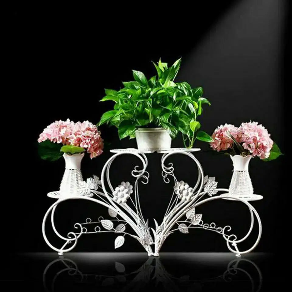 Floral white metal plant stand three tier living room flower rack