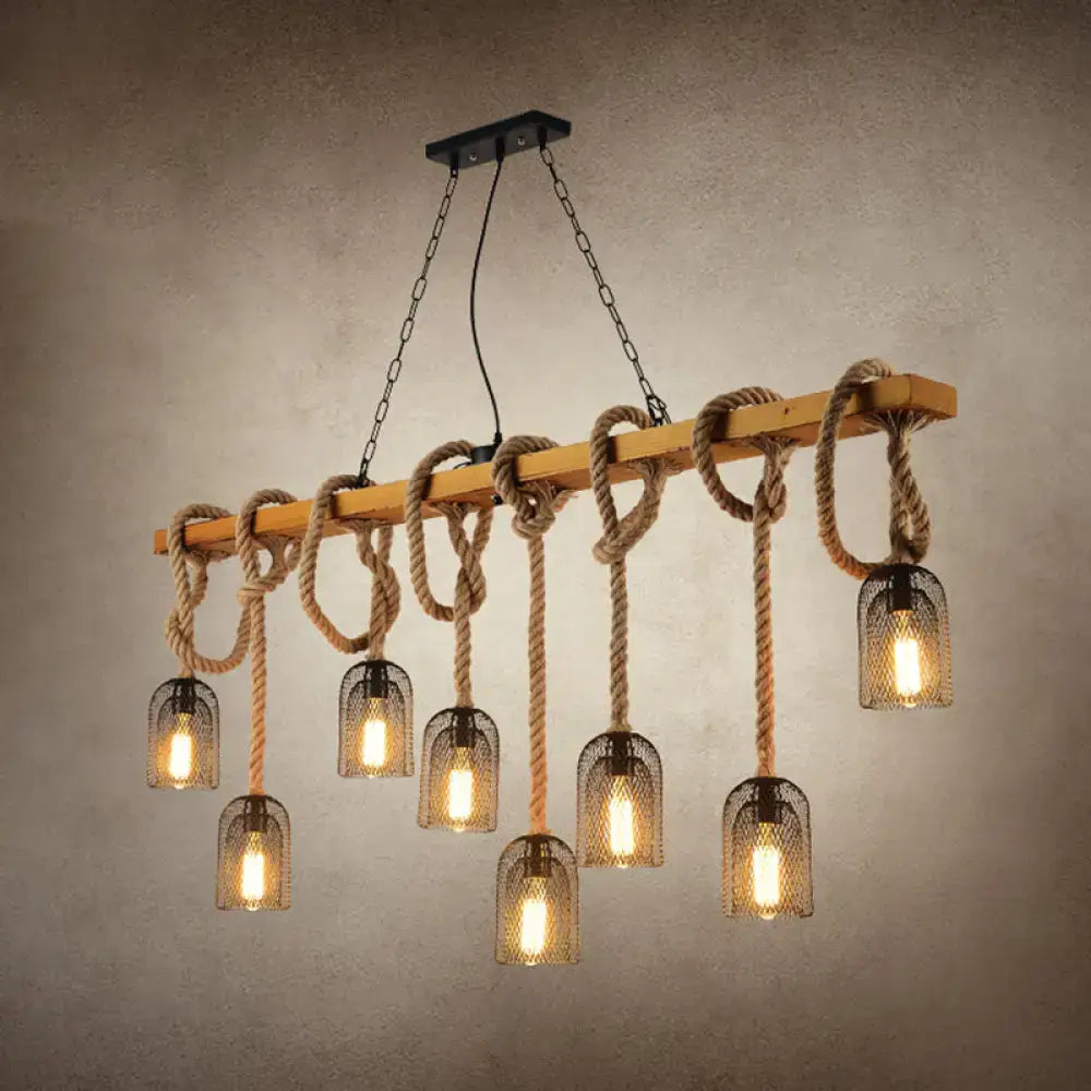 Industrial wood and hemp rope hanging lamp kitchen island light
