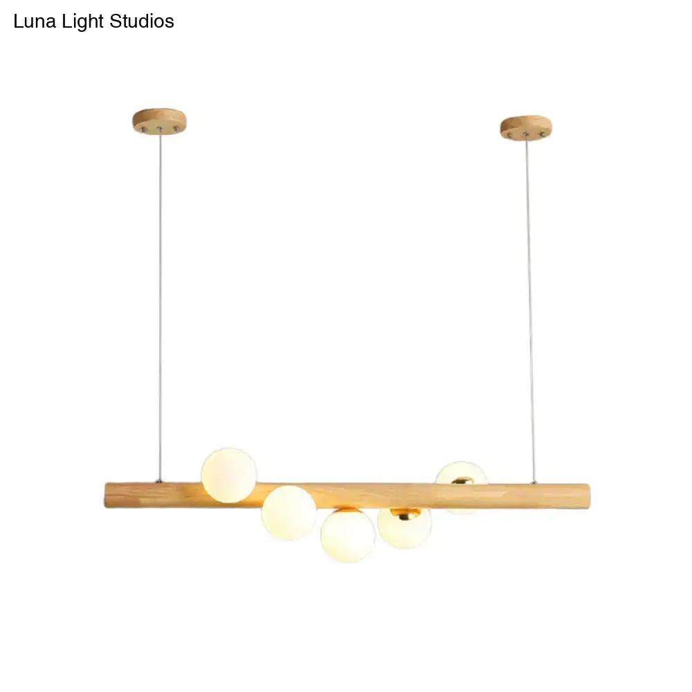 Modern wood stick pendant light kit beige dining room 5 head globe
