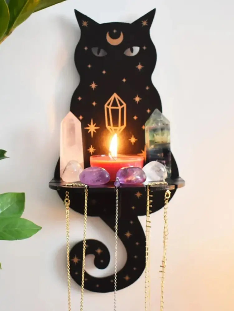 Celestial black cat moon phase wooden shelf bedroom wall decor