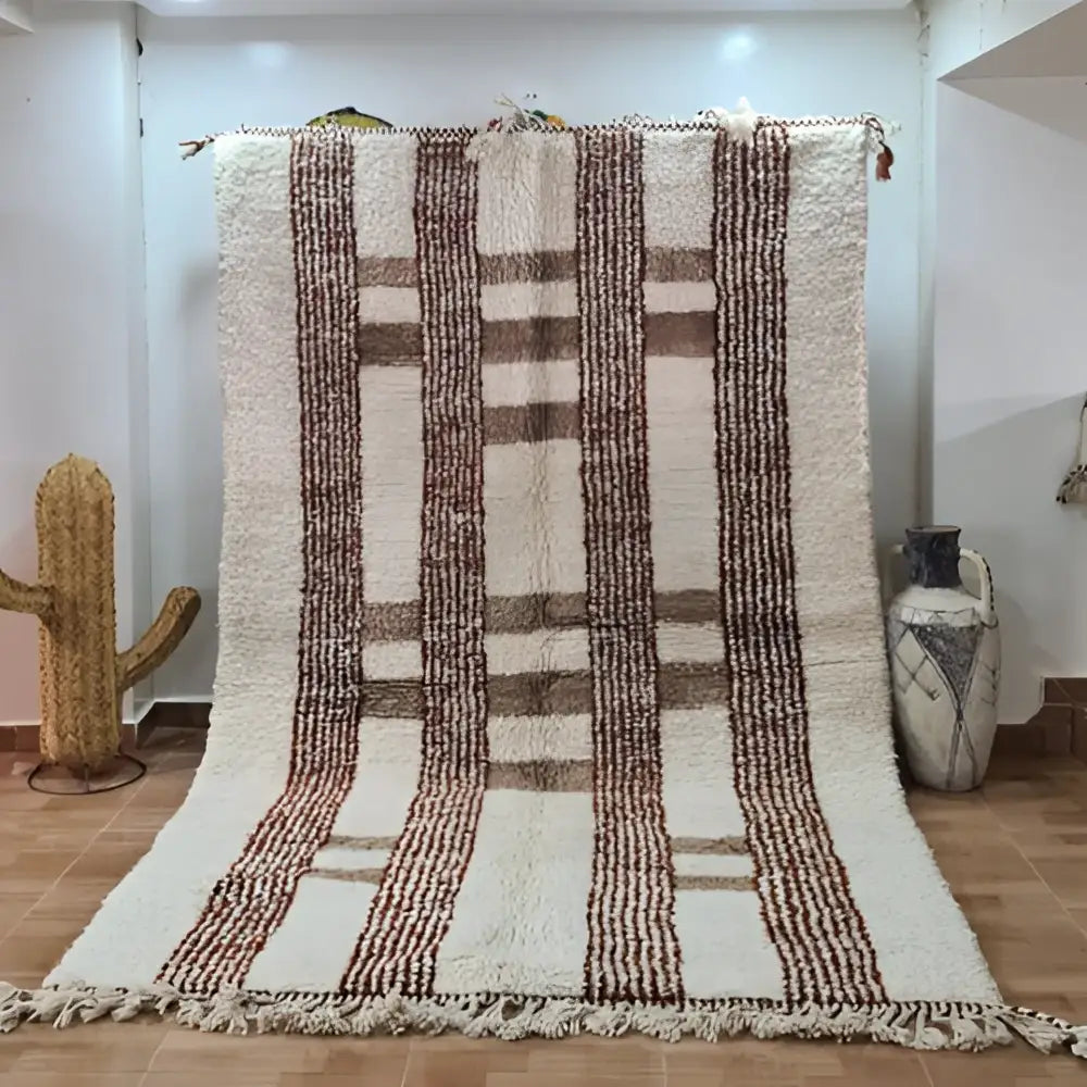 Cream and brown striped moroccan handmade azilal rug bedroom decor