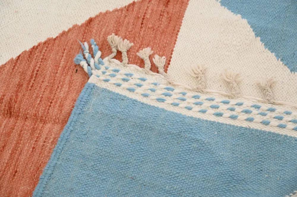 Blue and terracotta moroccan handmade azilal rug bedroom decor