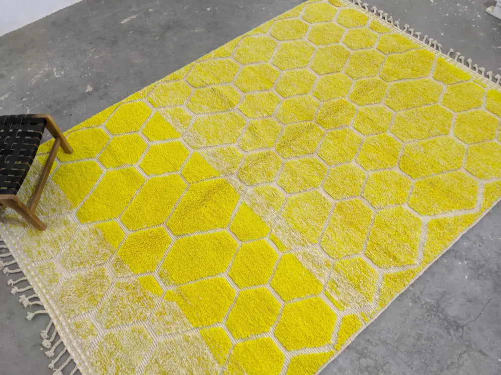Vibrant yellow honeycomb azilal rug living room moroccan handmade