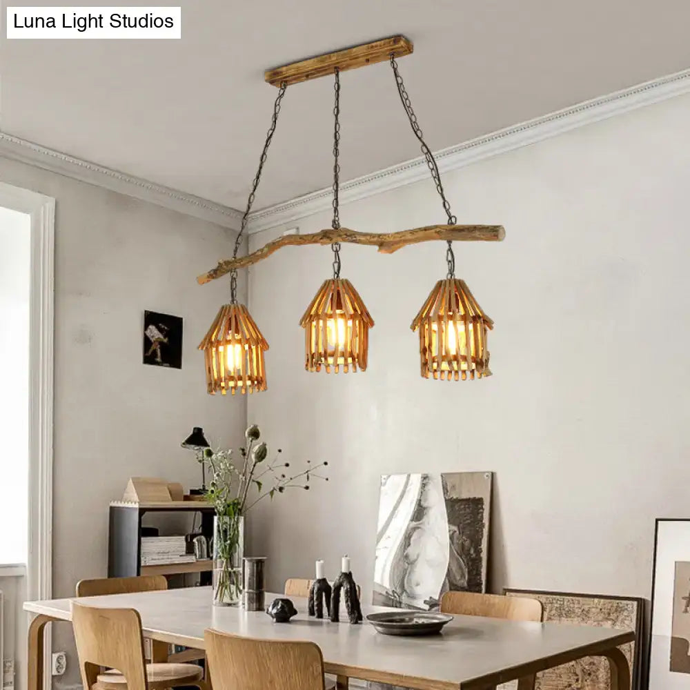 Rustic wooden house shaped pendant light with bamboo shades dining room