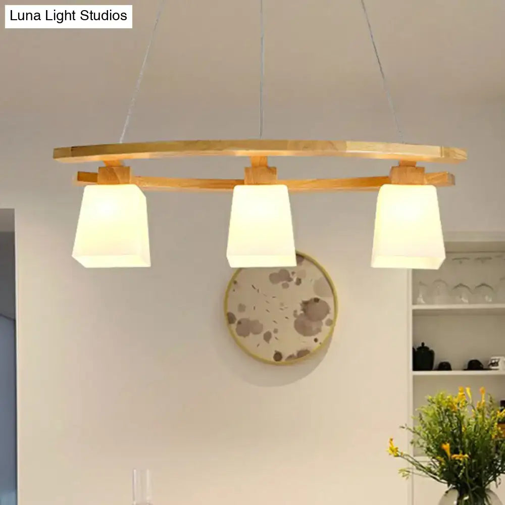 Nordic wood dining room ceiling light with white glass shade