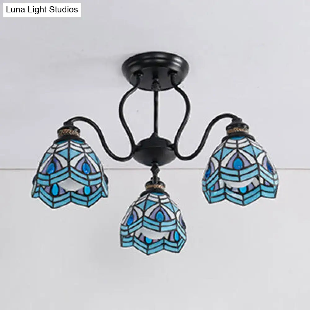 Traditional peacock stained glass semi flush light – dining room