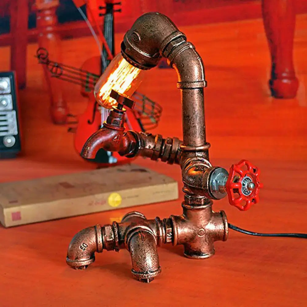 Industrial rust red table lamp with valve handle for bedroom