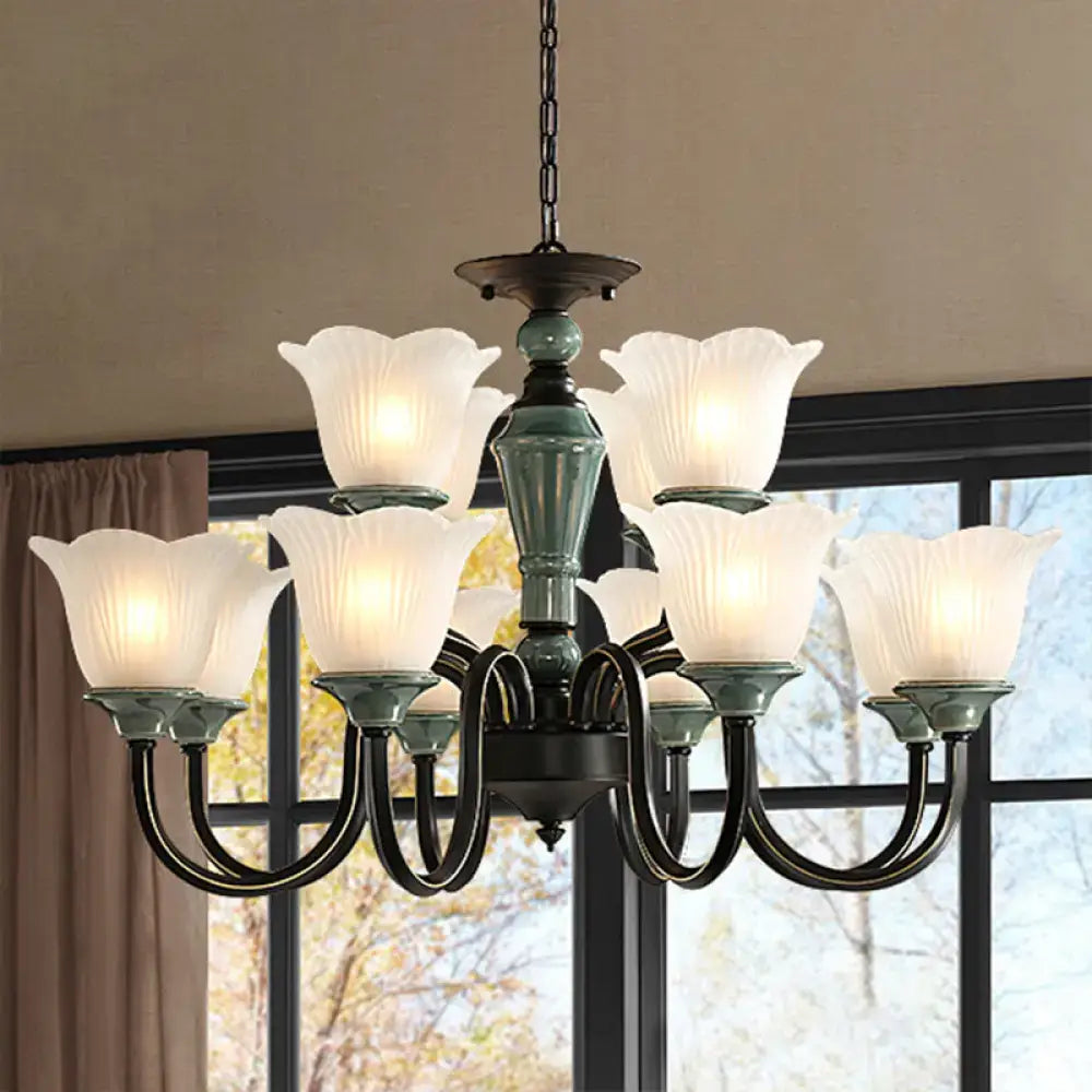 Rustic blackish green floral chandelier with frosted glass living room