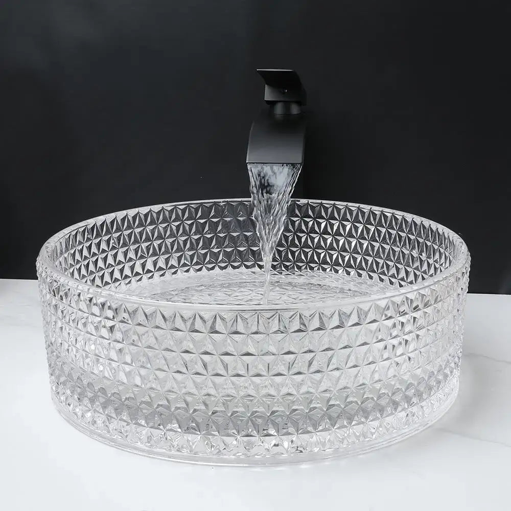 Diamond glass basin set with matte black faucet for bathroom