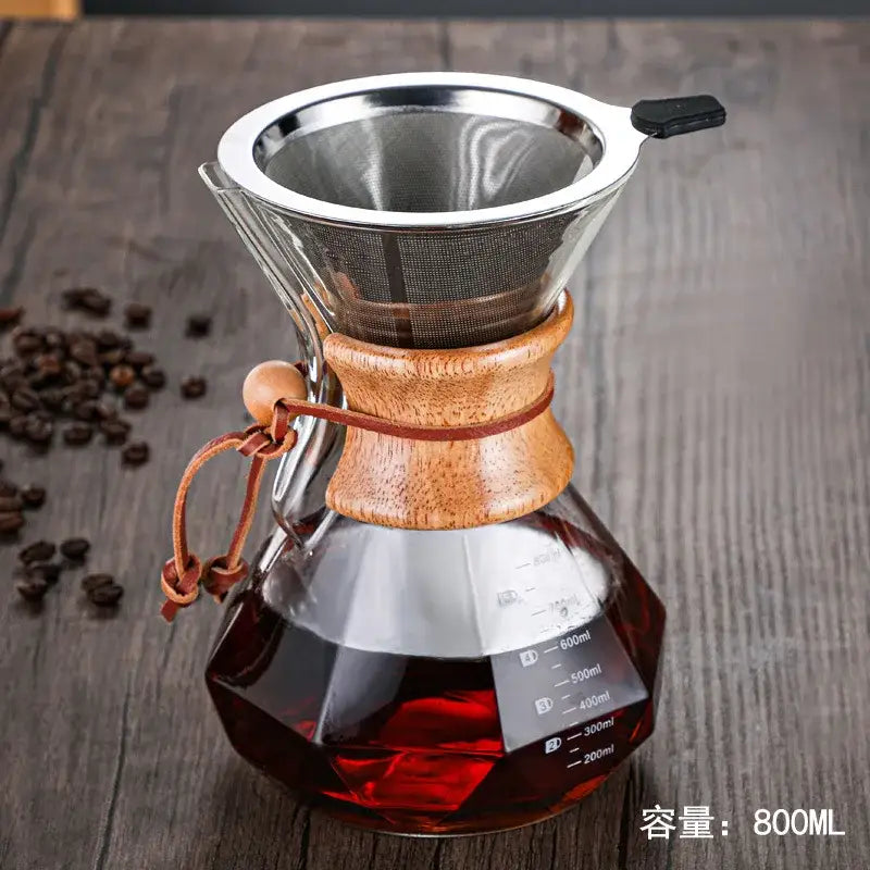 Diamond glass hand brew coffee set with wood neck for kitchen dining