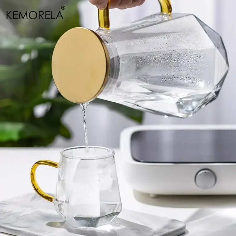Diamond texture glass teapot set with gold accents for dining room