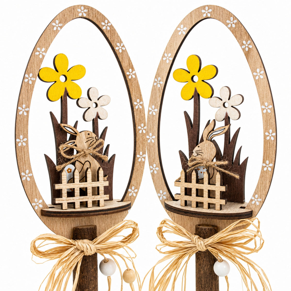 Set of 2 Rustic Wooden Easter Egg Tabletop Decorations With Bunny Scene 10.7 Inches Tall