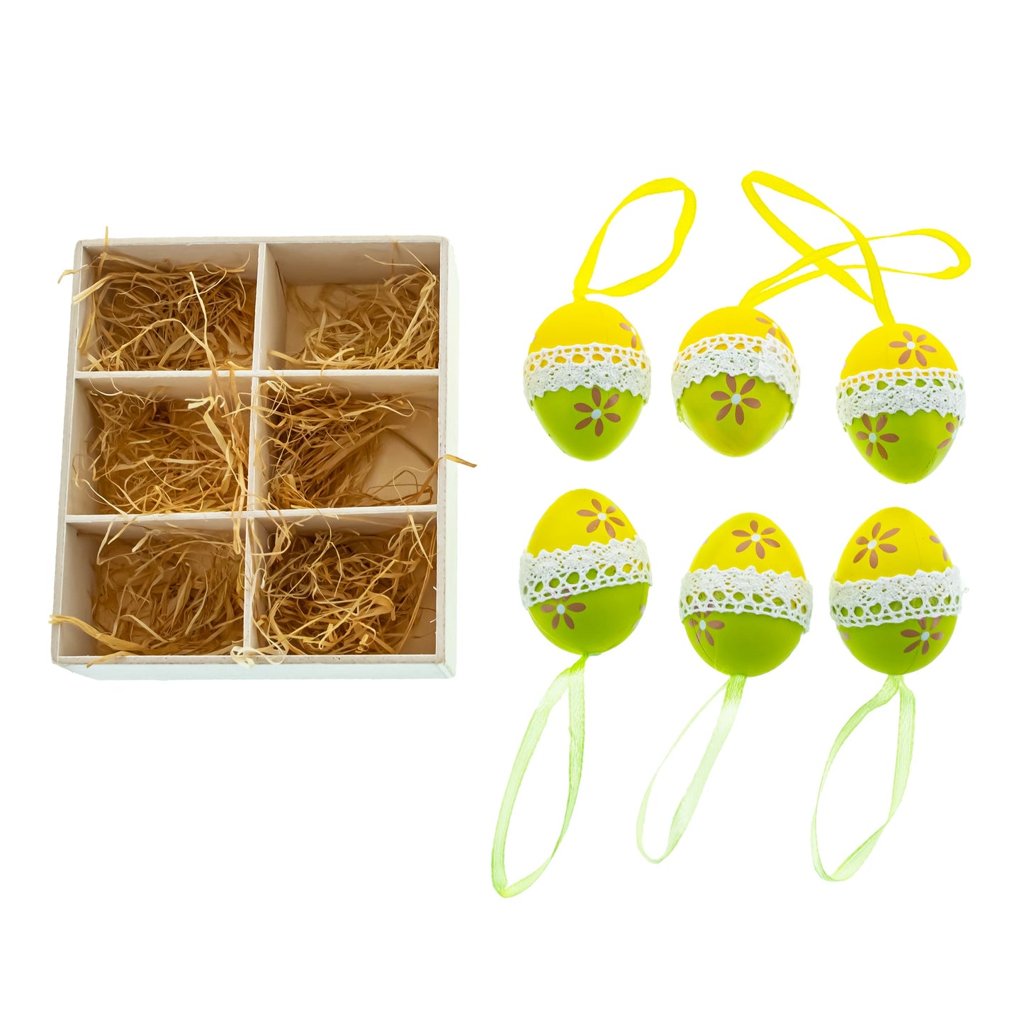 Set of 6 Yellow Green Lace-Trimmed Hanging Floral Easter Egg Ornaments