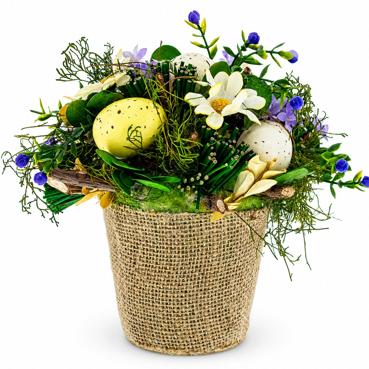 Easter Egg & Floral Arrangement – Rustic Spring Tabletop Decor in Burlap Pot 6.4 Inches Tall